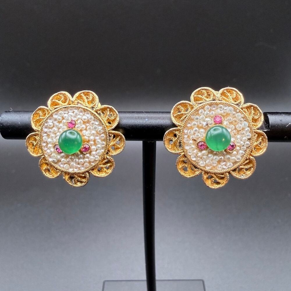 Vintage Signed BSK Clip Earrings Faux Seed Pearl Green Red Cabochon Gold Tone
